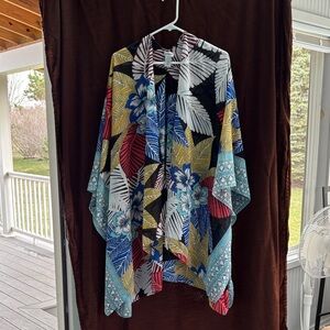Avenue Floral Leaf Print Open Kimono - Blue, Yellow, Red, Black